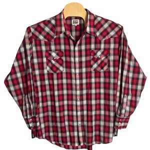 Ely Cattleman Tall Man Western Red Plaid‎ Pearl Snap Long Sleeve Shirt Size 3XLT